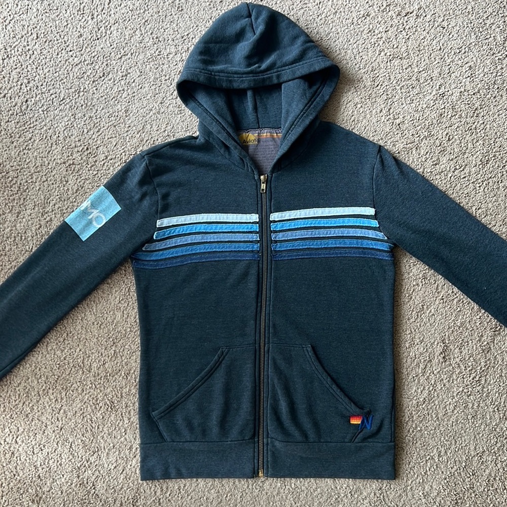 Aviator Nation 5 Stripe Zip Up Hoodie Charcoal Blue